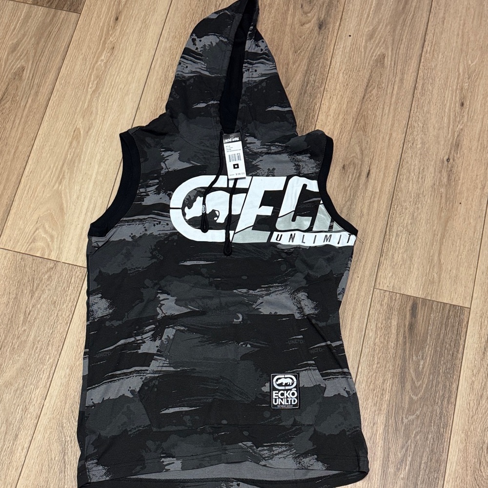 Ecko Unltd NWT M Sleeveless Hoodie Black Gray KANGAROO POCKET TEE SHIRT